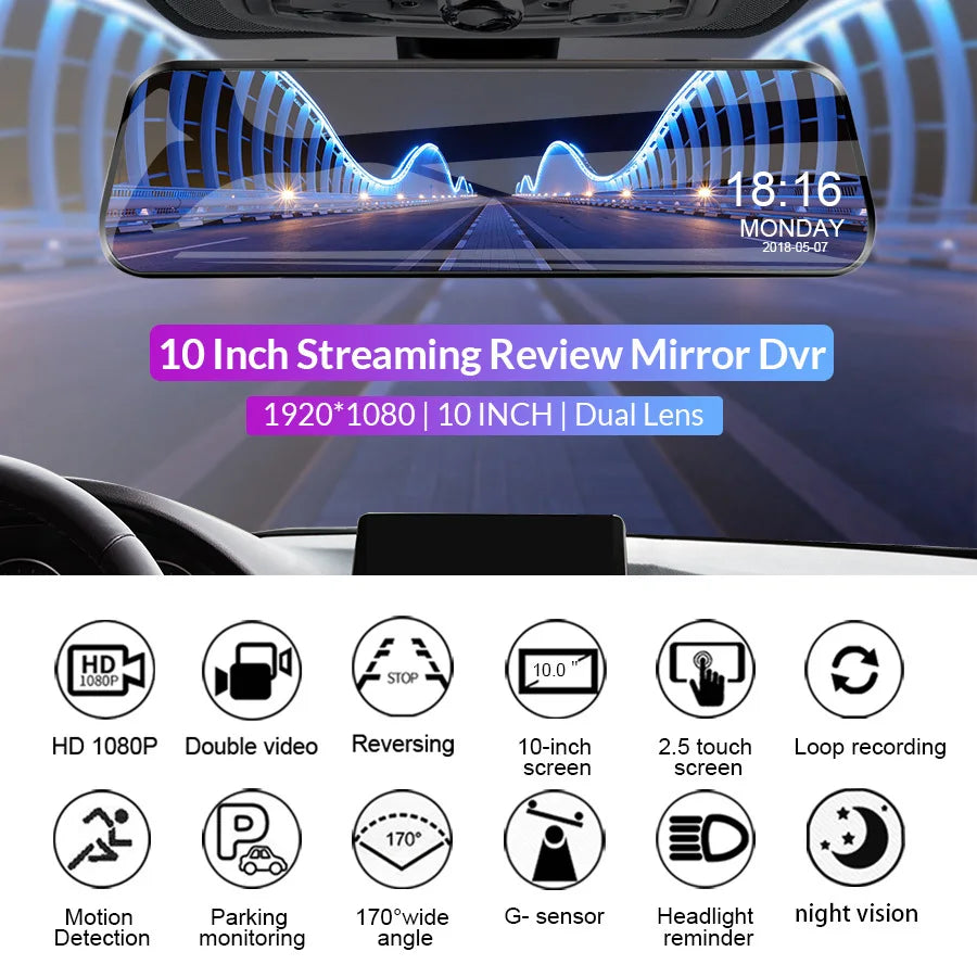 10'' Rearview Mirror Dash Cam Front & Rear 1080P Dual Recording, Backup Camera, 24H Parking Monitor, Night Vision for Cars sayaragear