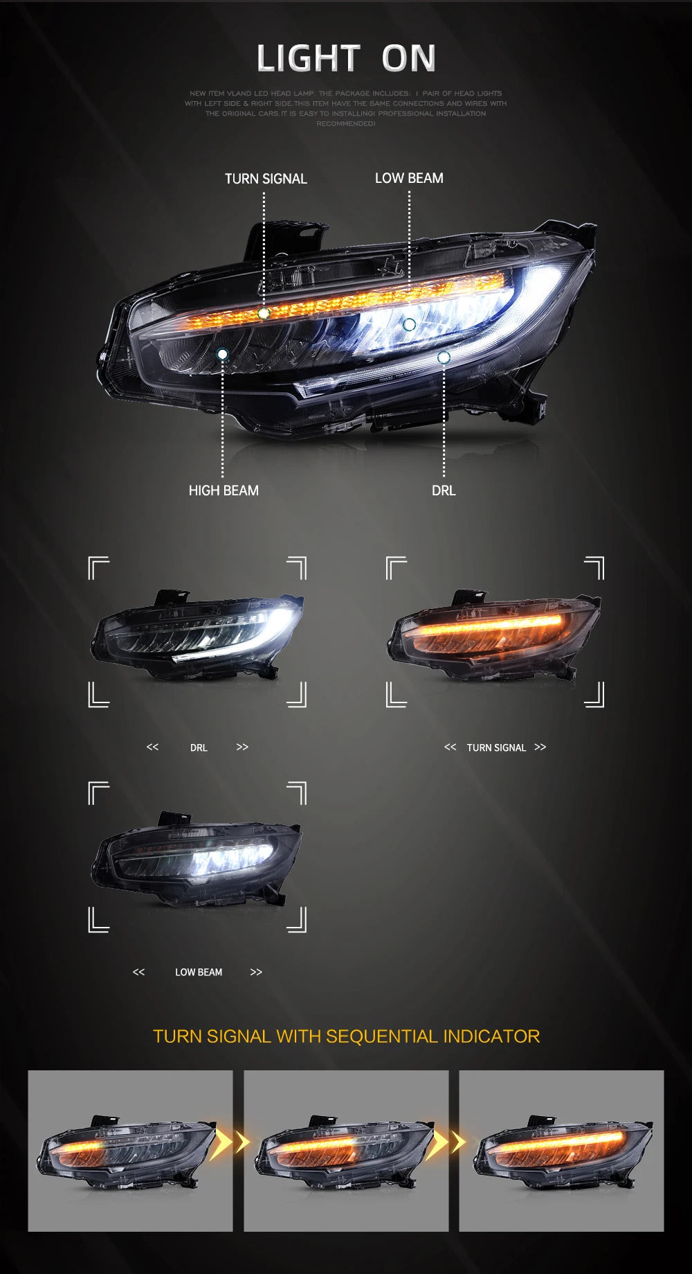 Vland factory car accessories for Car full LED lights for Civic headlight 2016-2018 with white DRL and yellow moving turn signal sayaragear
