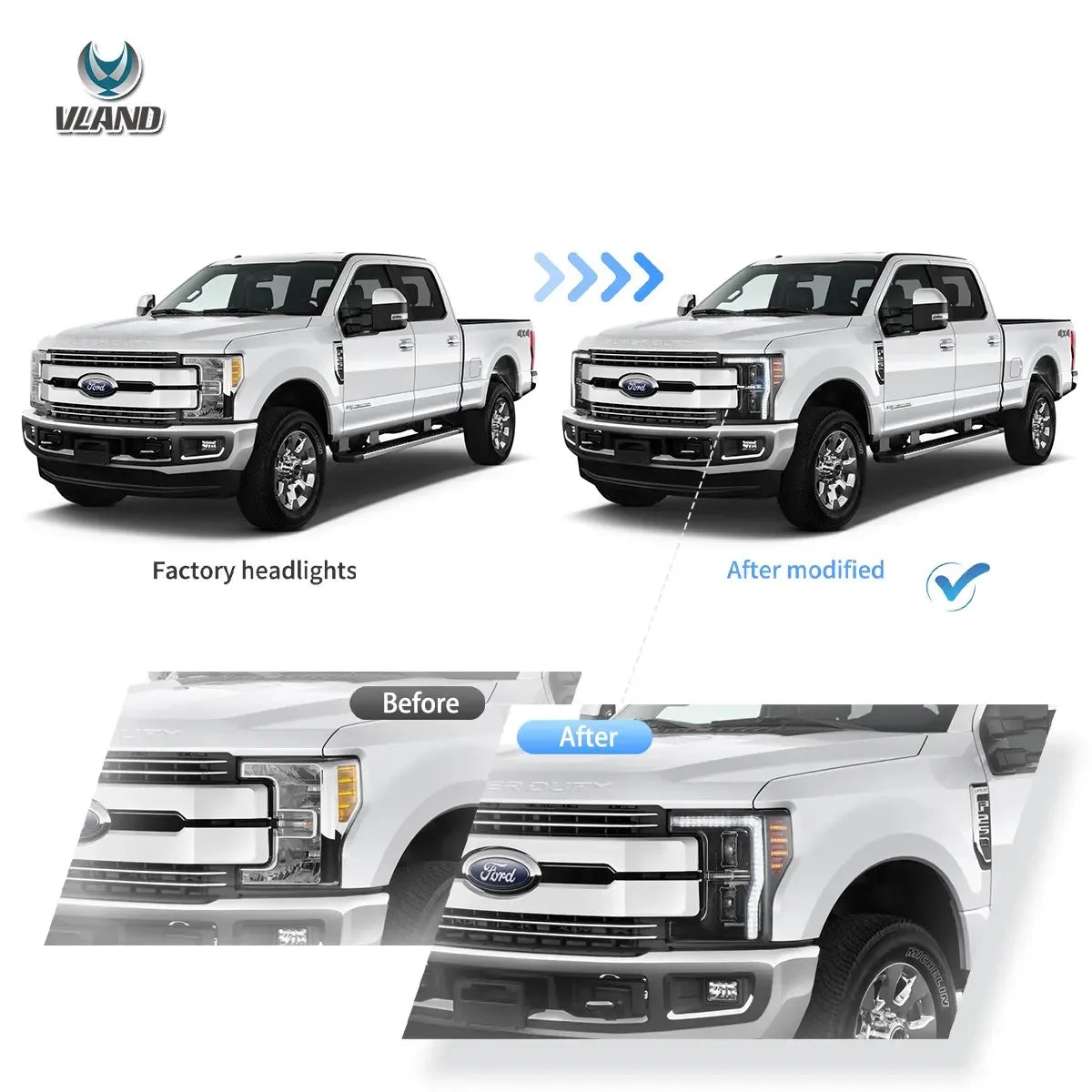 Vland 17-19 F250 F350 F450 F550 Super Duty LED Projector Upgrade Headlights sayaragear