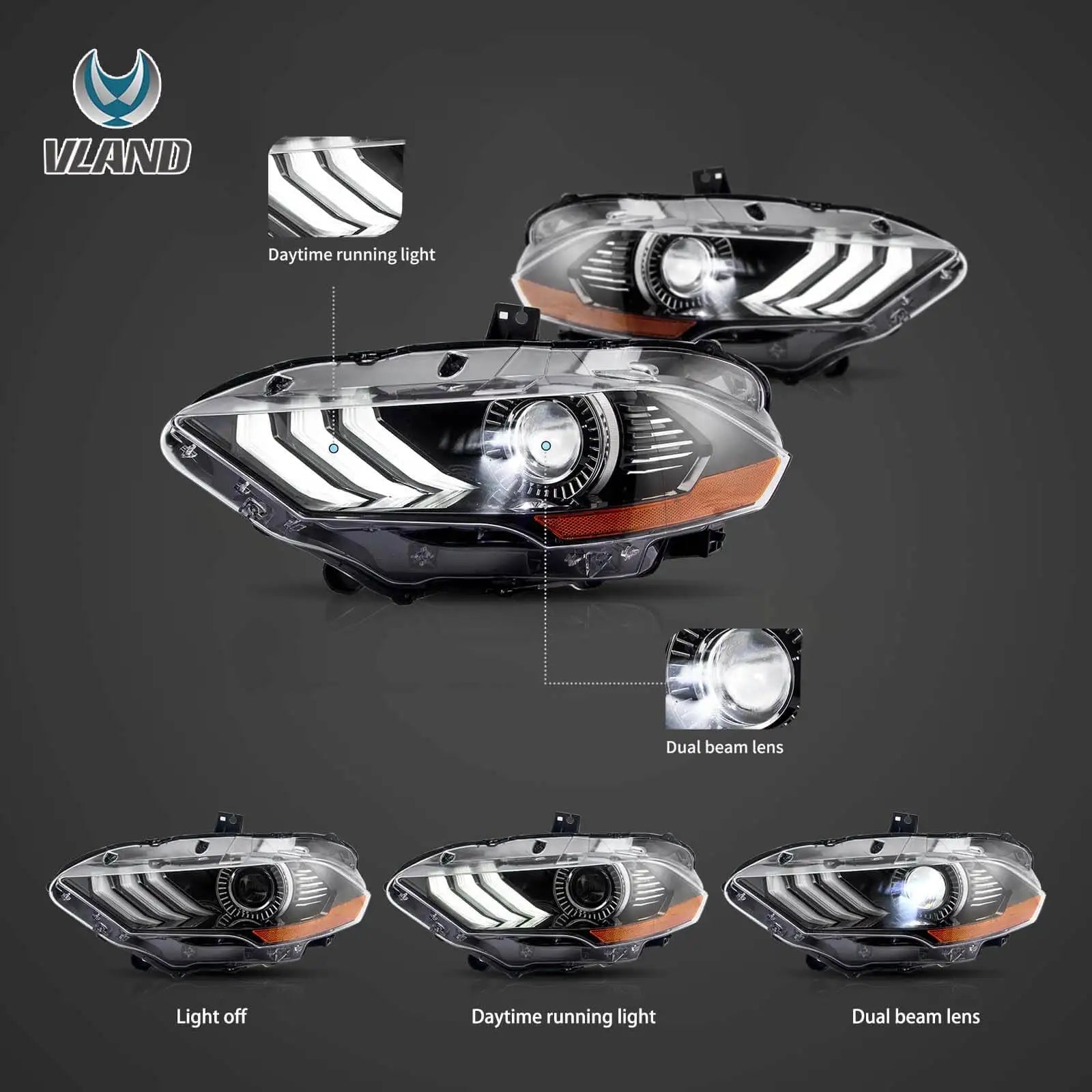 Vland 18-24 Mustang 6th Gen LED Dual Beam Projector RGB Headlights Black with DRL High Low Beam Front Headlamp Assembly sayaragear