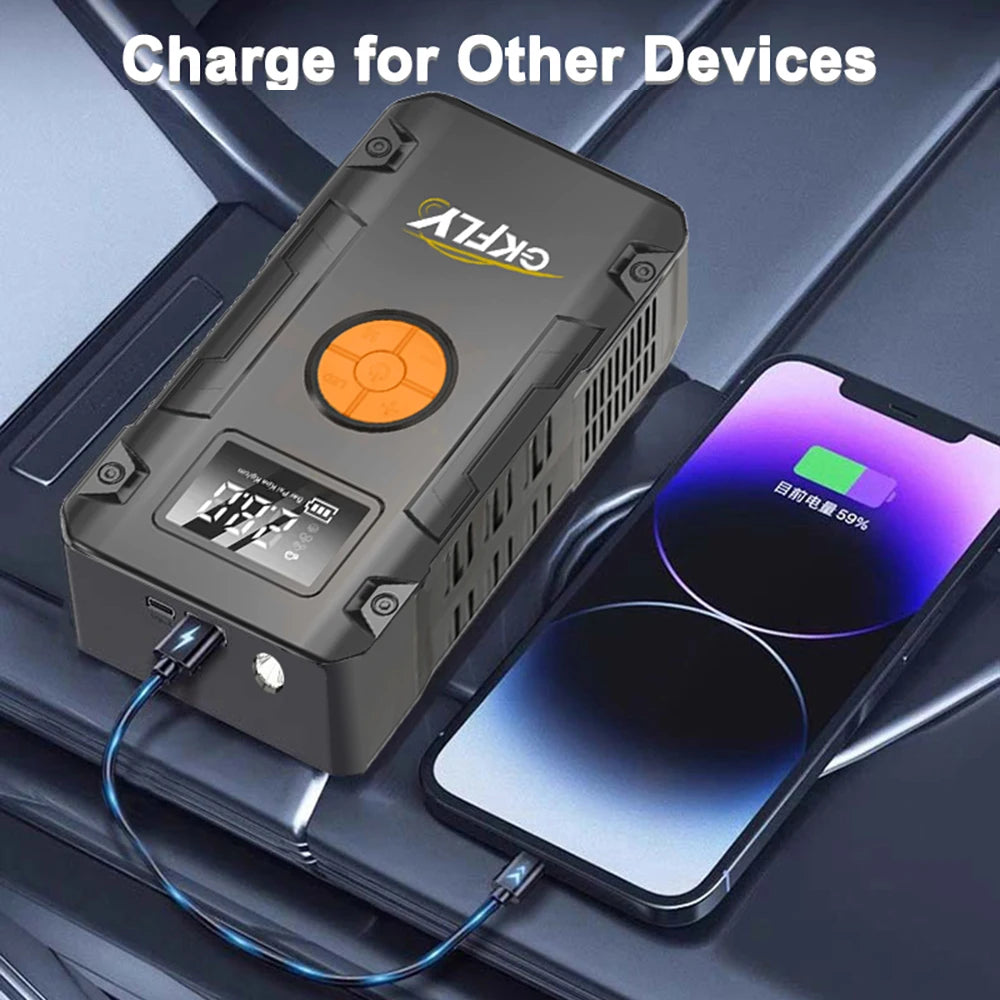 GKFLY Jump Starter 4 in 1 Pump Air Compressor 4000A Power Bank 12V Digital Tire Inflator 150PSI Emergency Battery Booster sayaragear