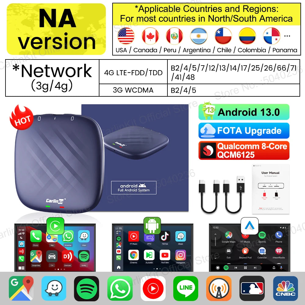 Android 13 CarlinKit Android Auto Wireless CarPlay AI TV Box QCM6125 8-Core Split Screen 64G 128G For Netflix YouTube Play Store sayaragear