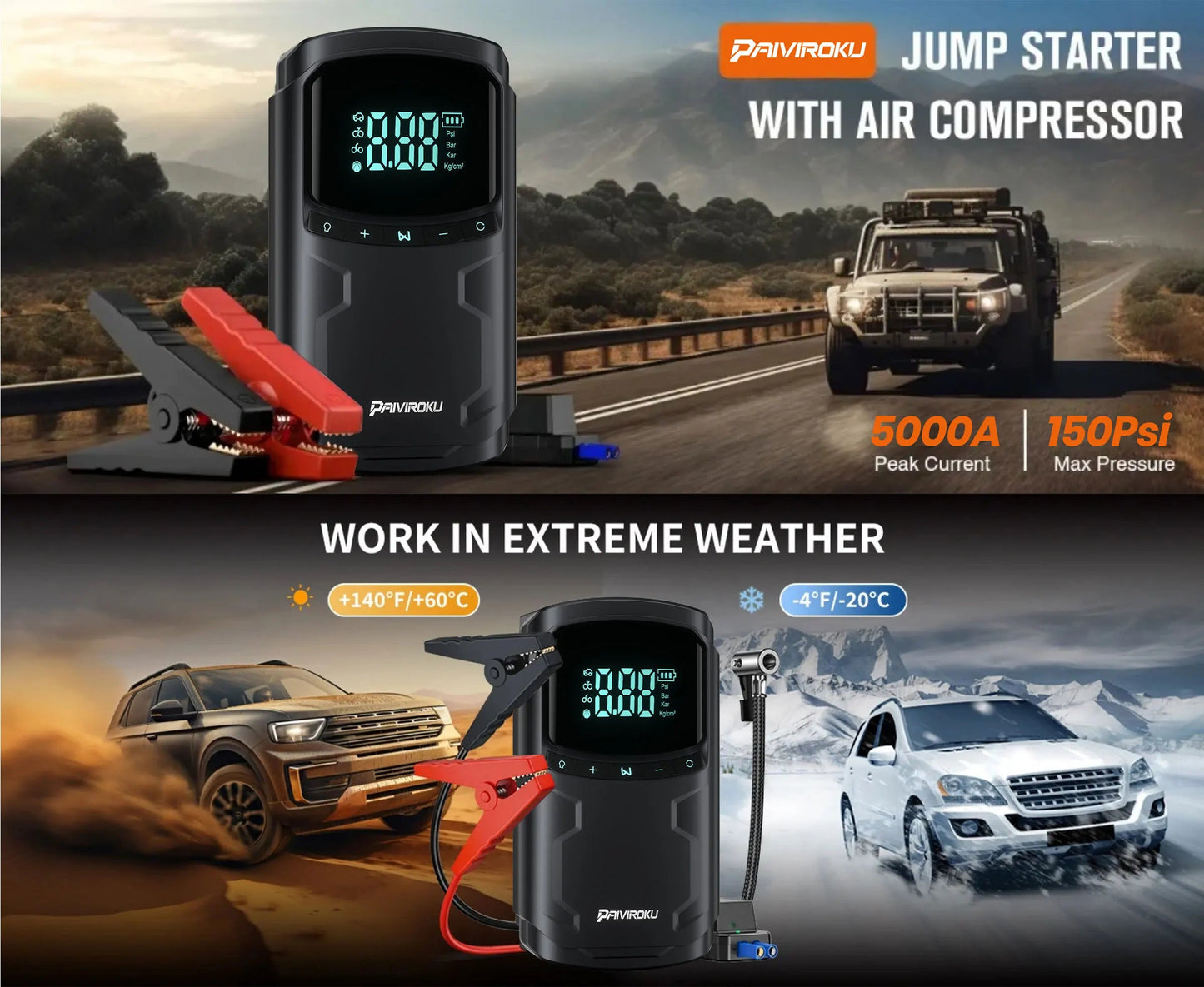 Car Jump Starter with Air Compressor Peak 5000A Auto Battery Booster 150PSI Air Pump Portable Power Bank Tire Inflator Lighting sayaragear