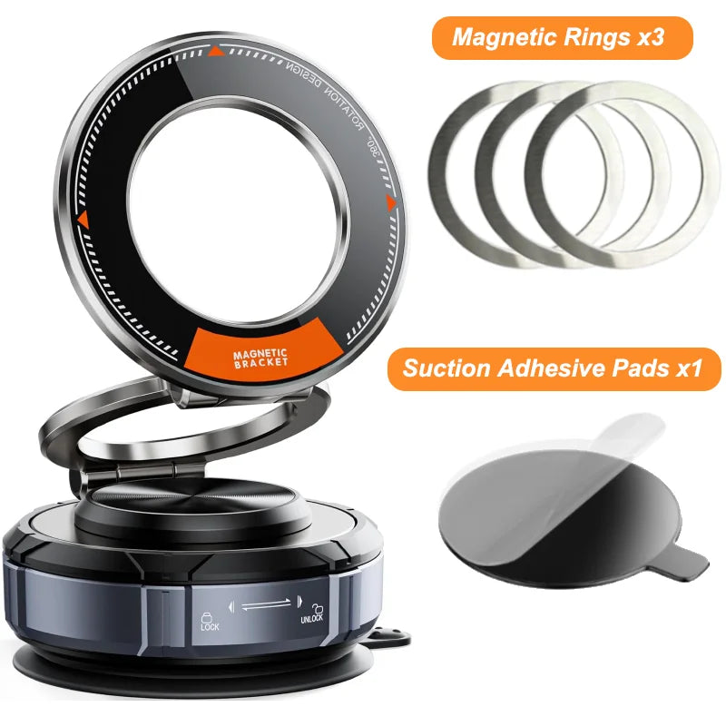 Alloy Magnetic Car Phone Holder Vacuum Suction Mount with 3 Rings 360 Rotation for Car Windshield Dashboard for iPhone Samsung sayaragear