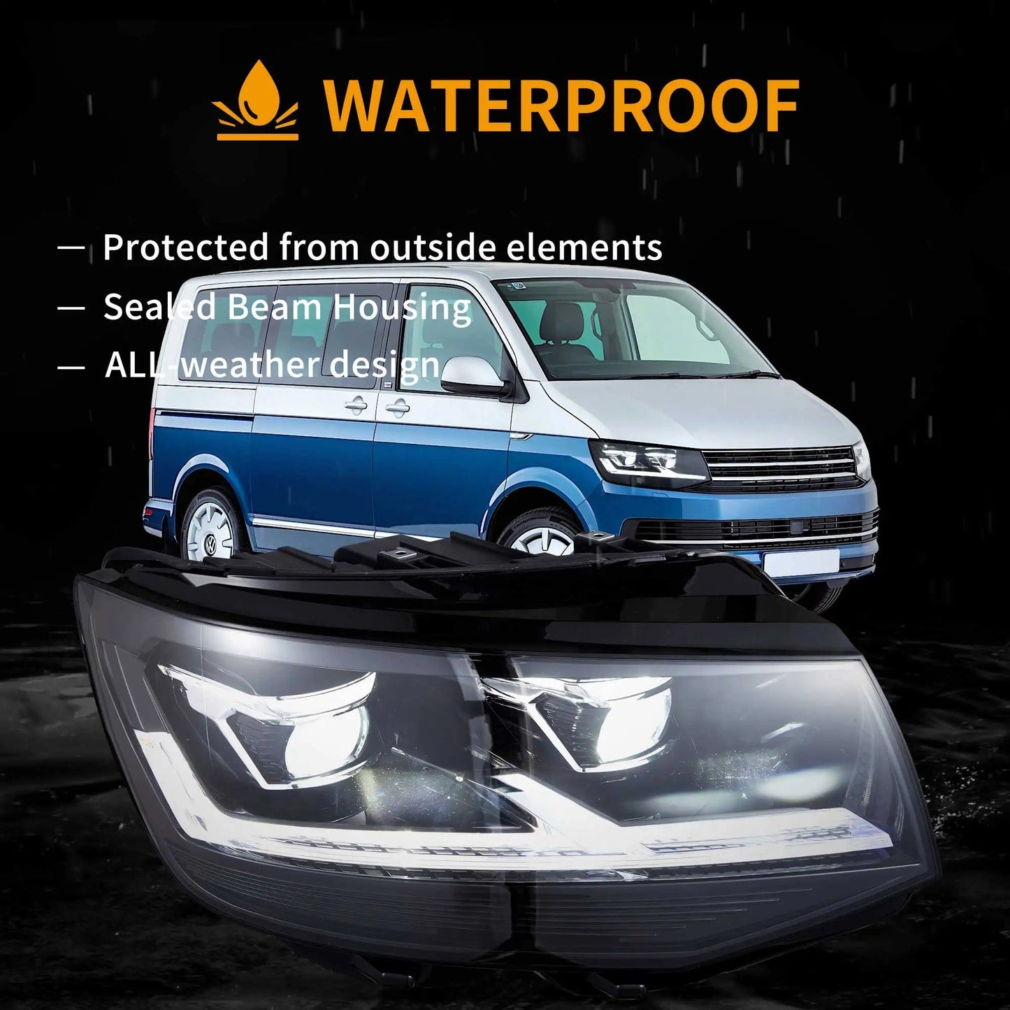 VLAND 2015-2019 Transporter T6 Black LED Dual Beam Projector Headlights Assembly sayaragear