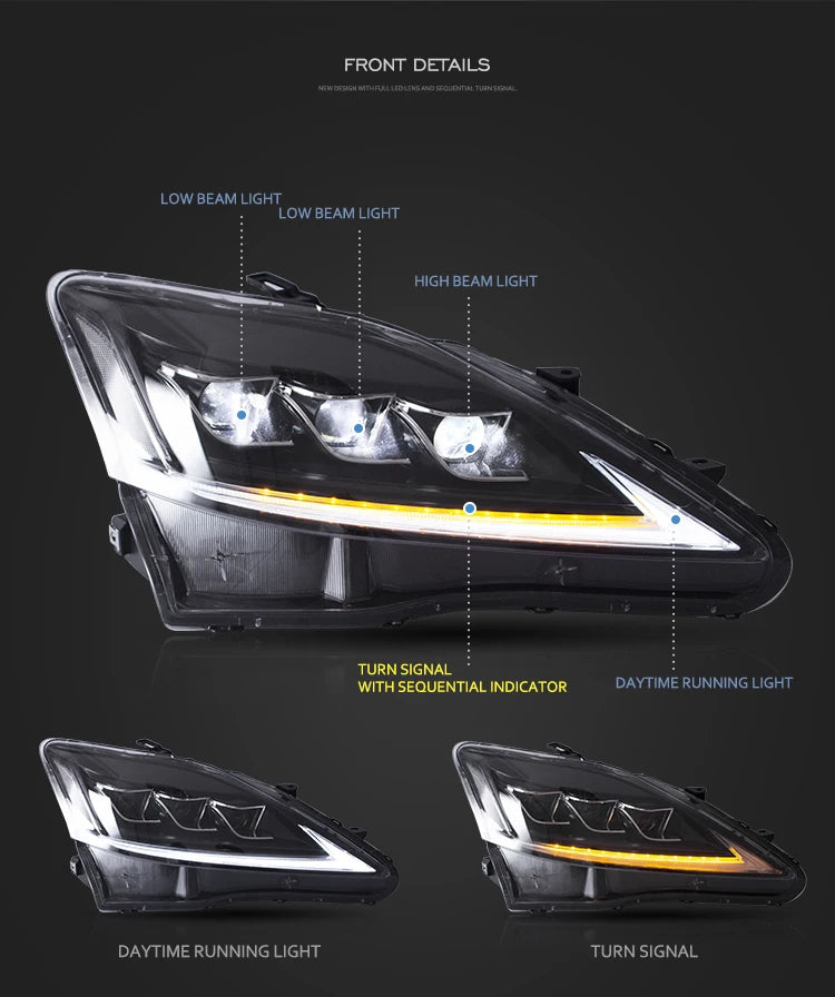 VLAND Headlamp Car Assembly For LEXUS  IS250 Headlight IS350 IS300 2006-2012 IS220d/IS F Clear Lamplight With Moving Turn Signal sayaragear