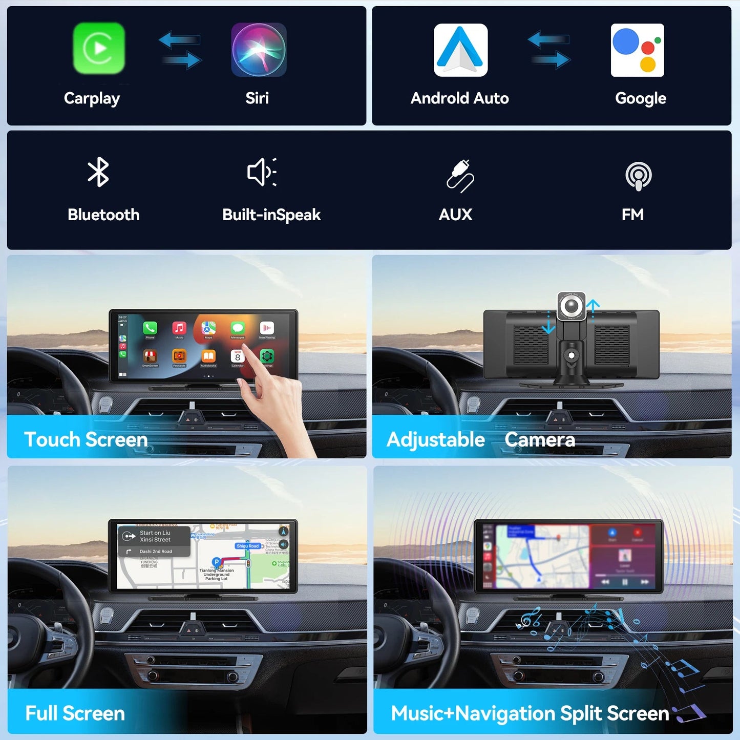 Universal Portable Wireless Carplay Screen for Car with Android Auto Touchscreen Car Stereo System sayaragear