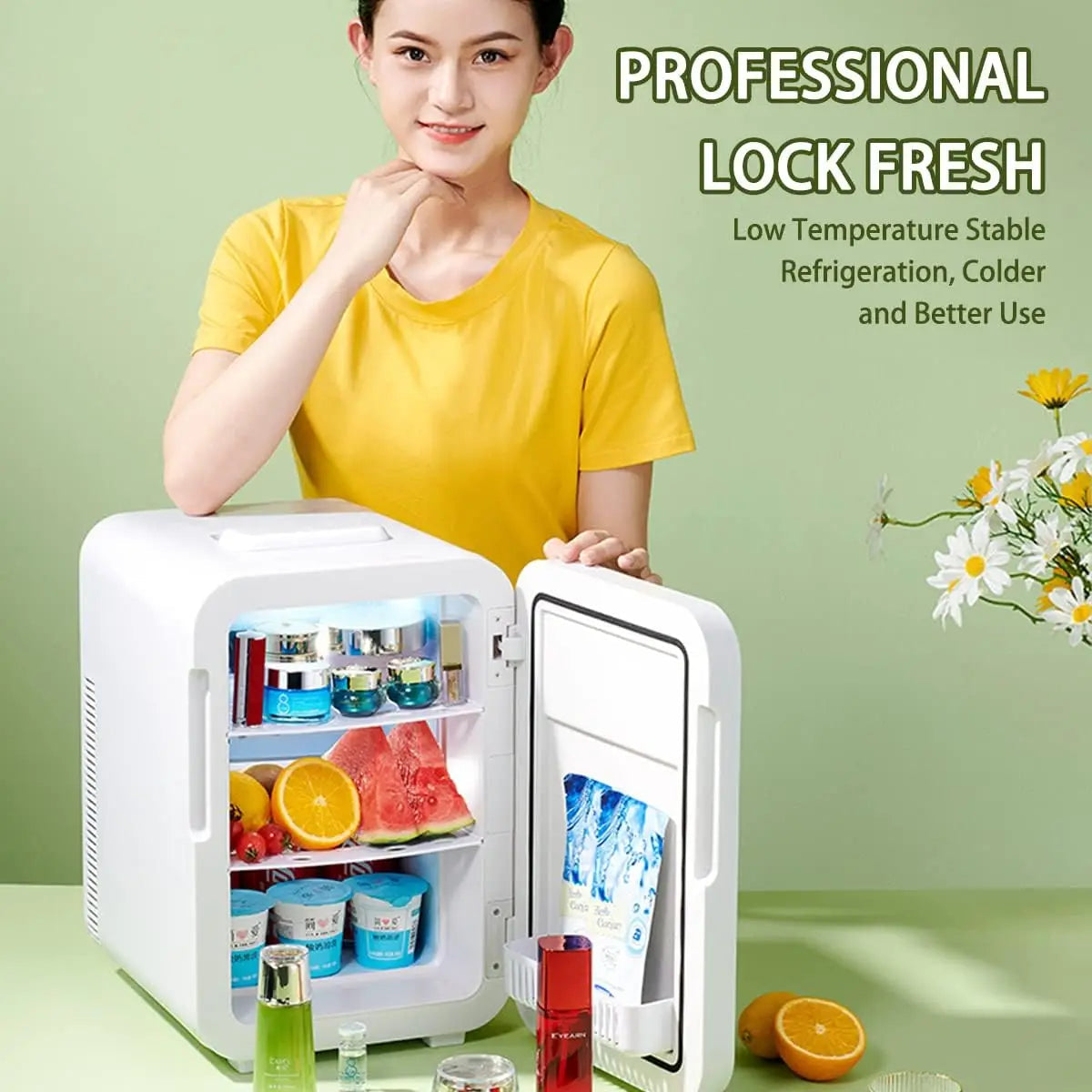 EKAQUZ Mini Fridge for Bedroom - Car, Office Desk & College Dorm Room - 12v Portable Cooler & Warmer for Food, Drinks, Skinca sayaragear