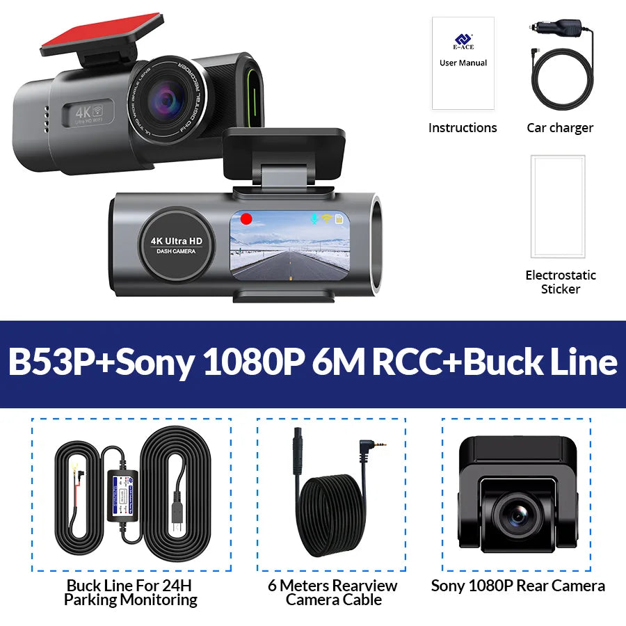 Dash Cam 4K UHD Recording Car Camera DVR Night Vision Video Recorder Built-In Wi-Fi Support GPS 24H Parking sayaragear