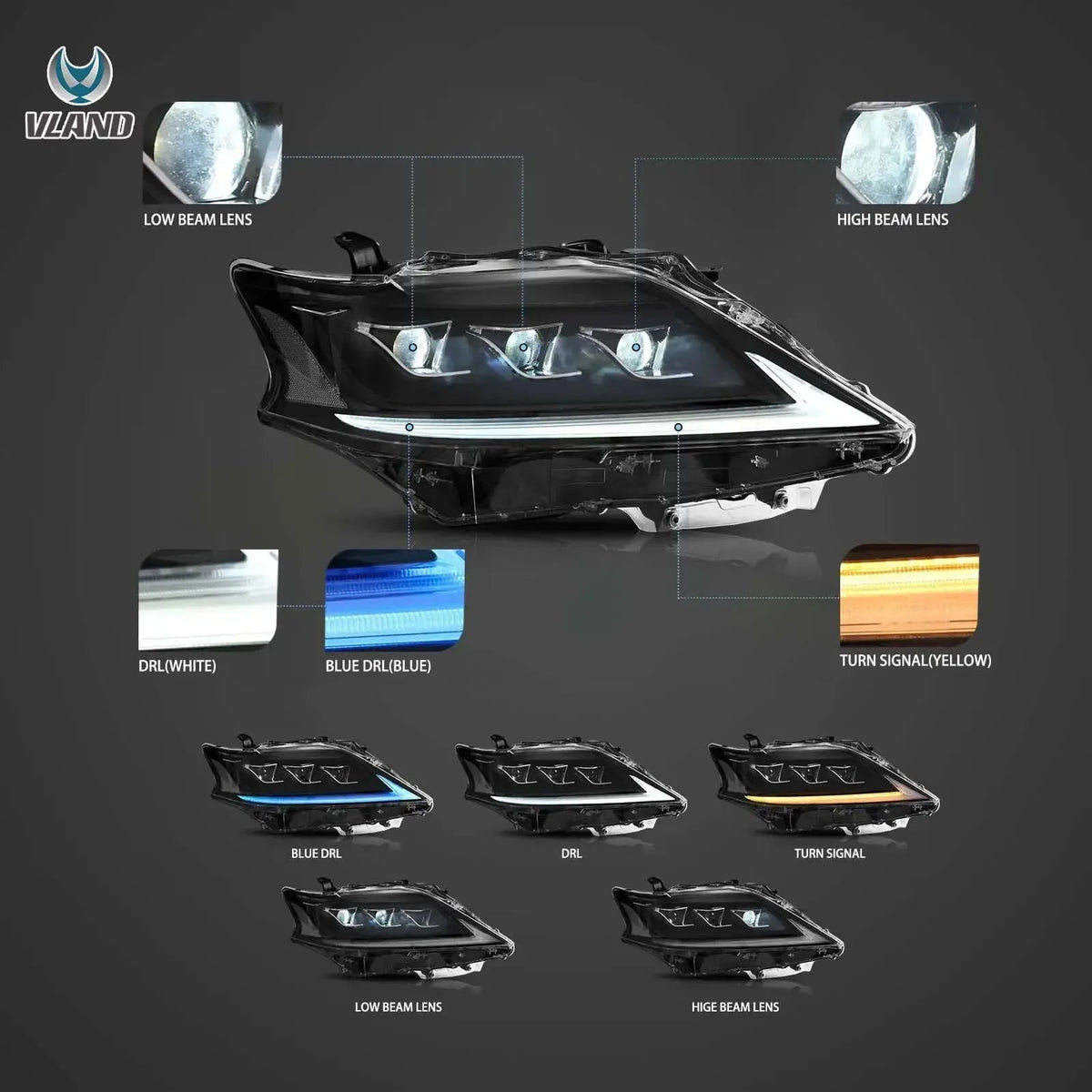 Vland 13-15 Lexus RX270 RX350 RX450H (AL10) LED Matrix Headlights with DRL High Low Beam Front Headlamp Assembly sayaragear