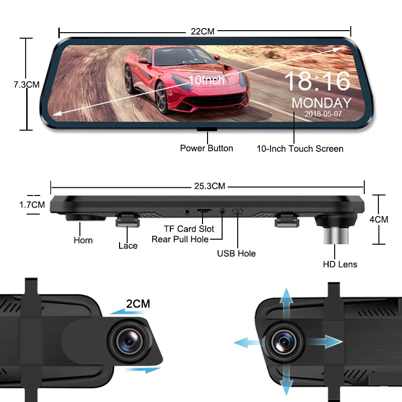 10'' Rearview Mirror Dash Cam Front & Rear 1080P Dual Recording, Backup Camera, 24H Parking Monitor, Night Vision for Cars sayaragear