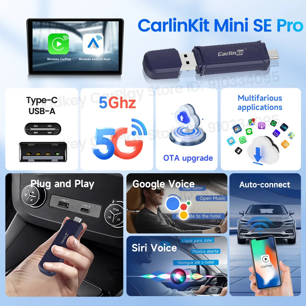 CarlinKit Mini 5 Pro Wireless CarPlay Adapter USB Dongle Wired to Wireless Android Auto 5Ghz WiFi Fast Connect Split Screen OTA sayaragear