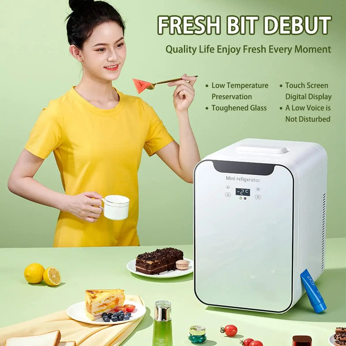 EKAQUZ Mini Fridge for Bedroom - Car, Office Desk & College Dorm Room - 12v Portable Cooler & Warmer for Food, Drinks, Skinca sayaragear