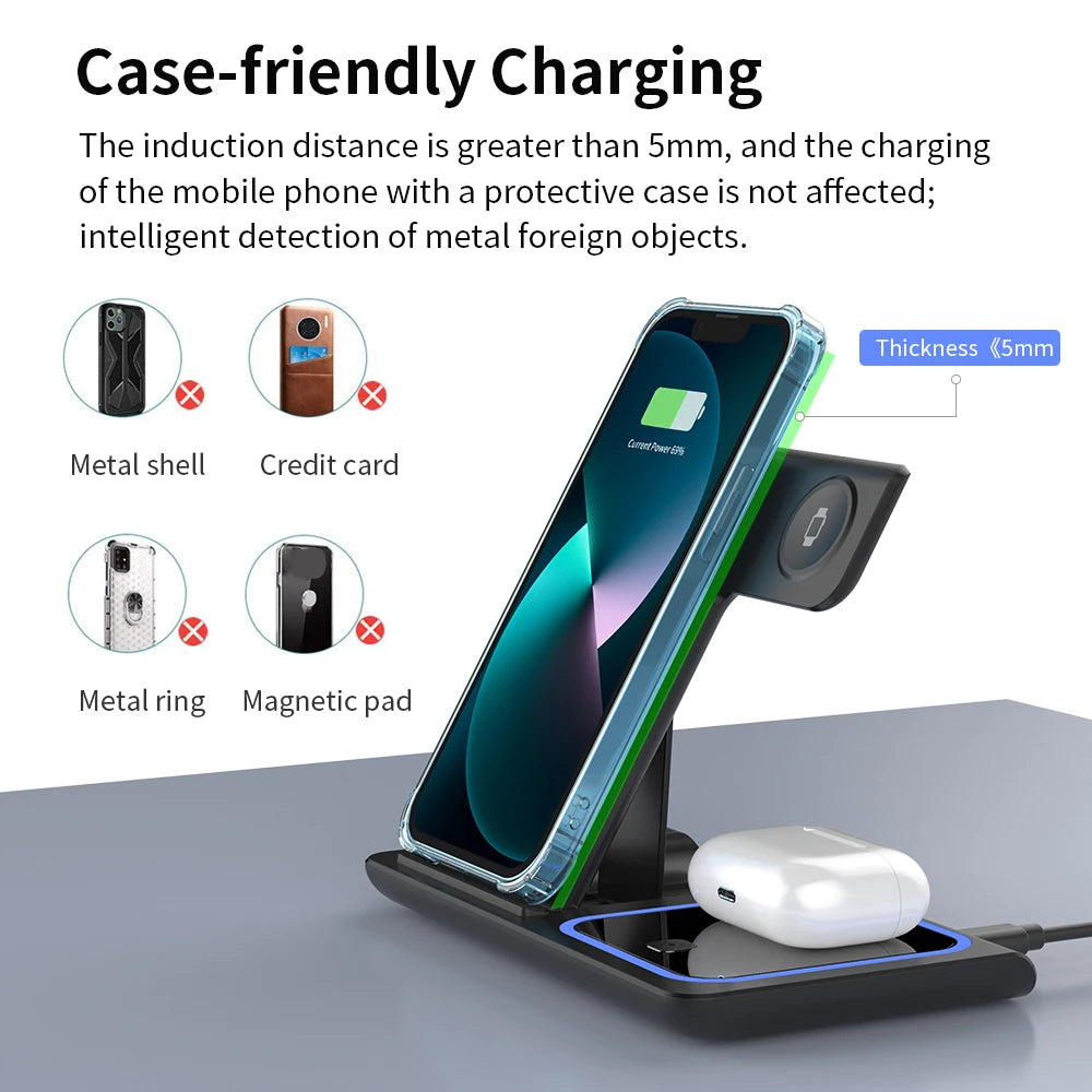 3 in 1 Wireless Charger Stand Pad Foldable Fast Charging Station Dock For iPhone 17 16 15 14 13 12 11 X 8 Apple Watch Airpods sayaragear
