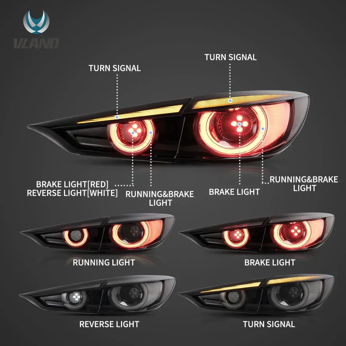 Vland 14-18 Mazda3 Axela 3rd Gen (BM, BN) Sedan LED Tail Lights With Dynamic Welcome Lighting Smoked sayaragear