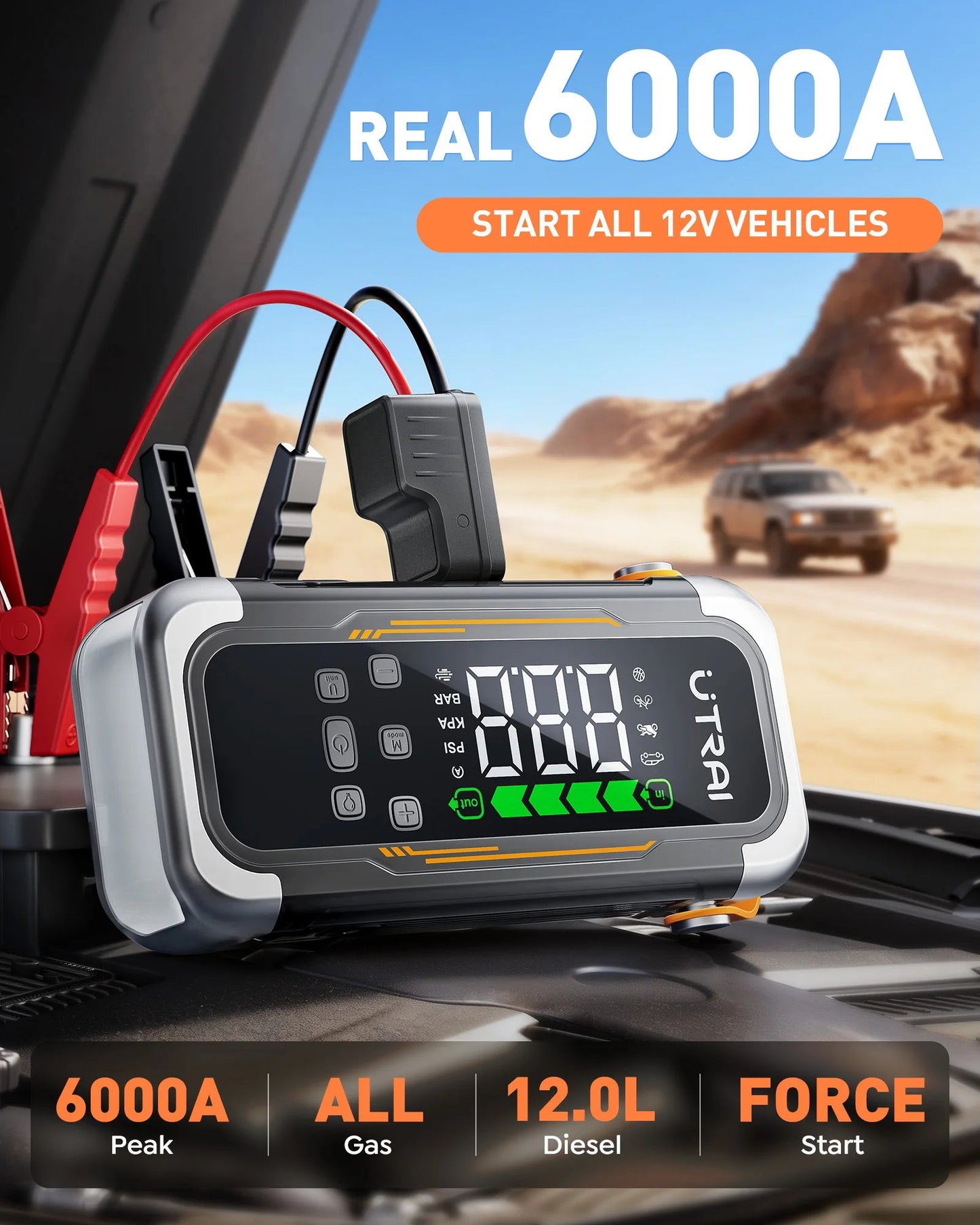 UTRAI 5 in 1 6000A Car Jump Starter 150PSI Air Pump PD30W Power Bank High-speed Airflow Dualmode For kayakingCar Battery Booster sayaragear