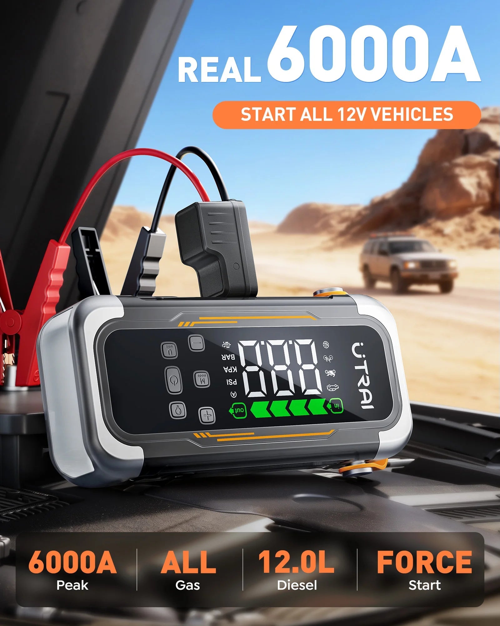 UTRAI 5 in 1 6000A Car Jump Starter 150PSI Air Pump PD30W Power Bank High-speed Airflow Dualmode For kayakingCar Battery Booster sayaragear