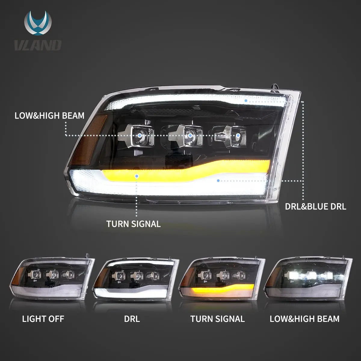 Vland 09-18 Dodge Ram 4th Gen 1500 2500 3500 LED Matrix Projector HeadLights Black Complete Assembly sayaragear