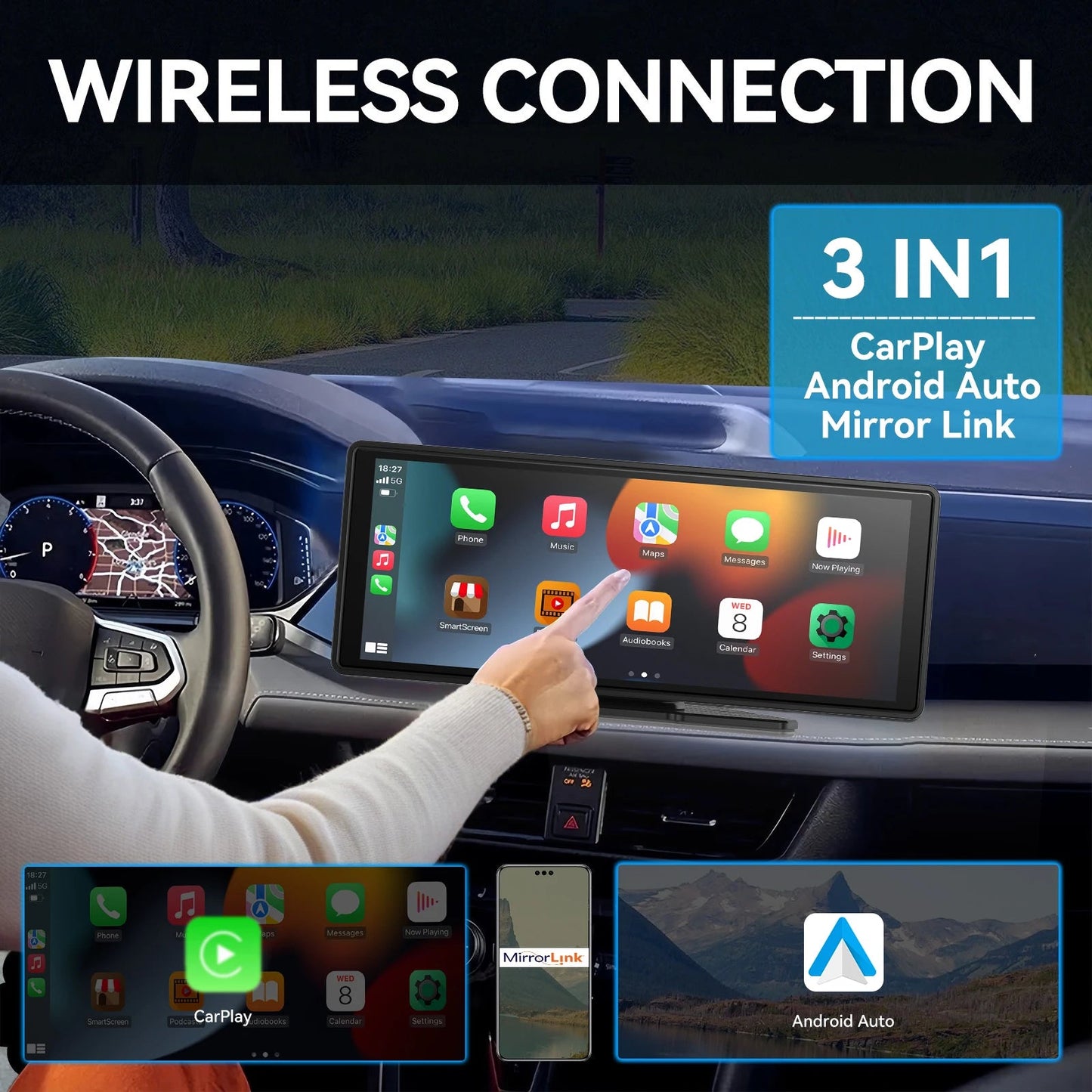 Universal Portable Wireless Carplay Screen for Car with Android Auto Touchscreen Car Stereo System sayaragear