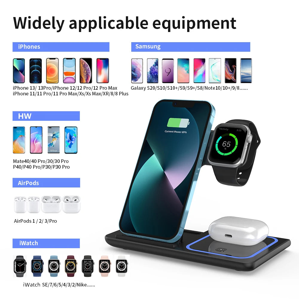 3 in 1 Wireless Charger Stand Pad Foldable Fast Charging Station Dock For iPhone 17 16 15 14 13 12 11 X 8 Apple Watch Airpods sayaragear