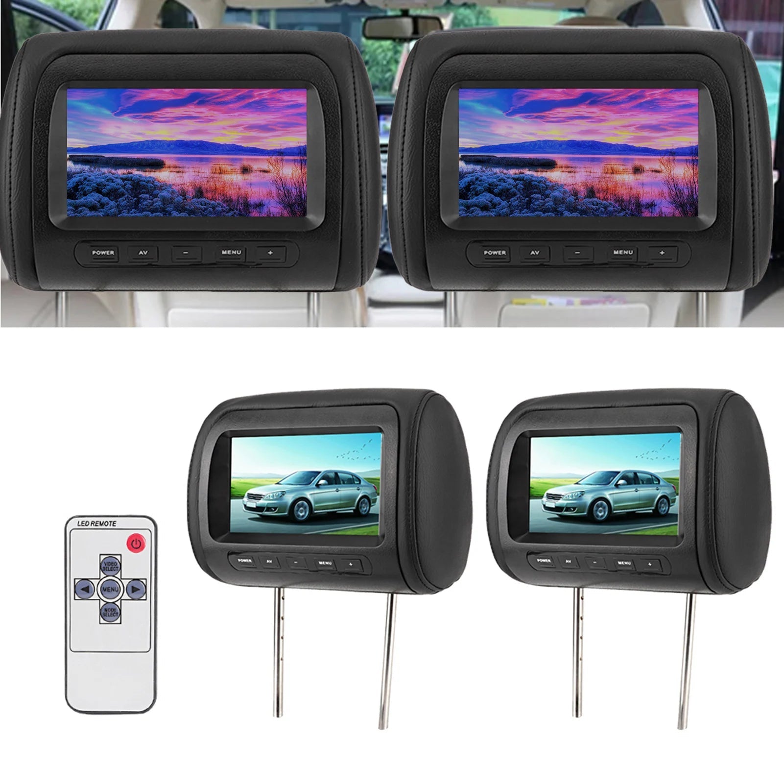 2pcs 7 in Wireless Control Adjustable Headrest LCD Video Monitor MP5 Display Black sayaragear