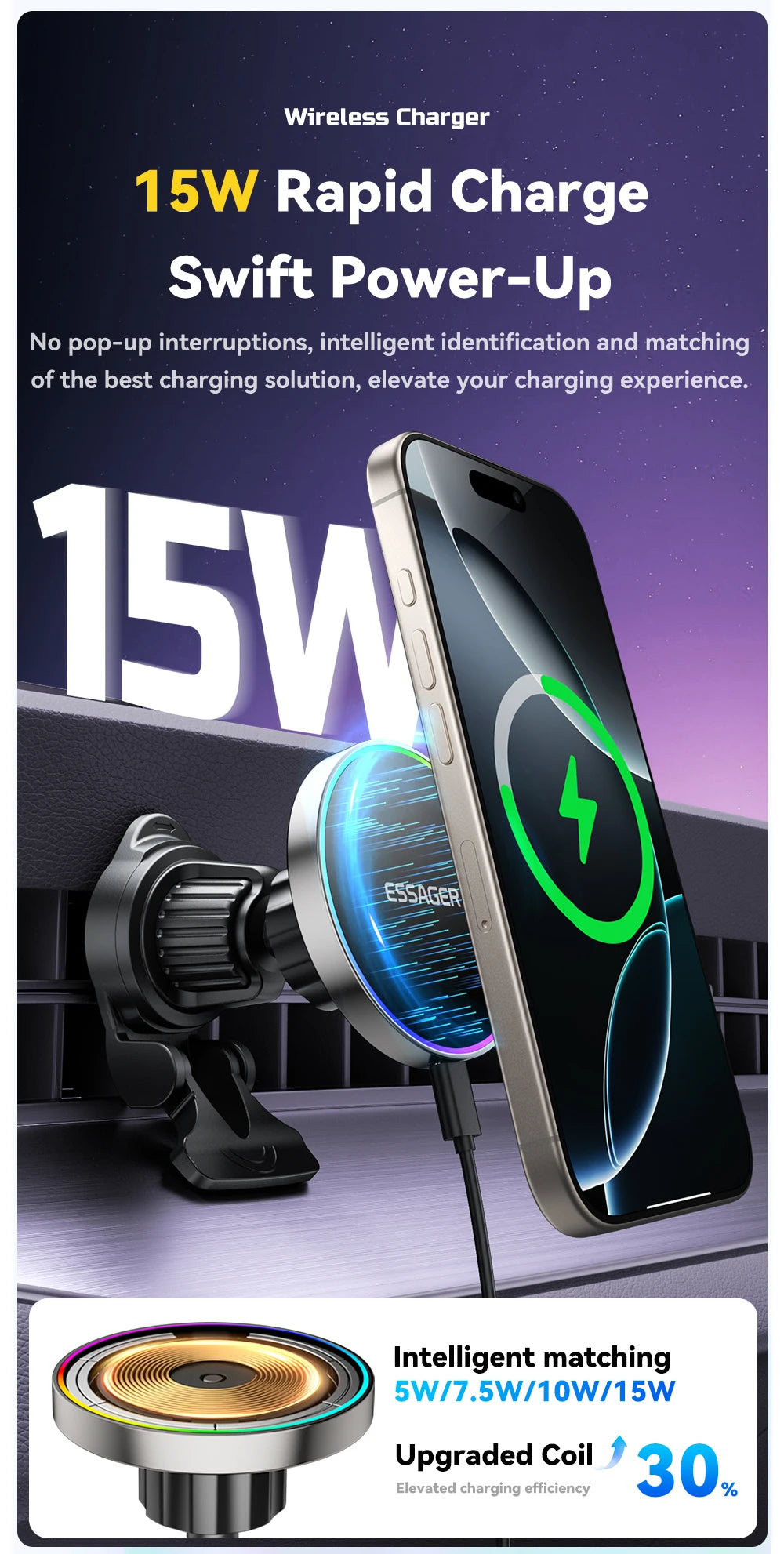 Essager 15W Magnetic Car Phone Holder Wireless Charger Stand For iPhone 16 15 14 13 Pro Max Charging for Magsafe Car Charger RGB sayaragear