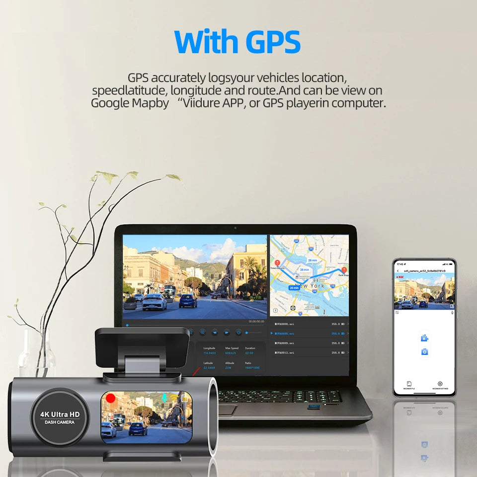 Dash Cam 4K UHD Recording Car Camera DVR Night Vision Video Recorder Built-In Wi-Fi Support GPS 24H Parking sayaragear