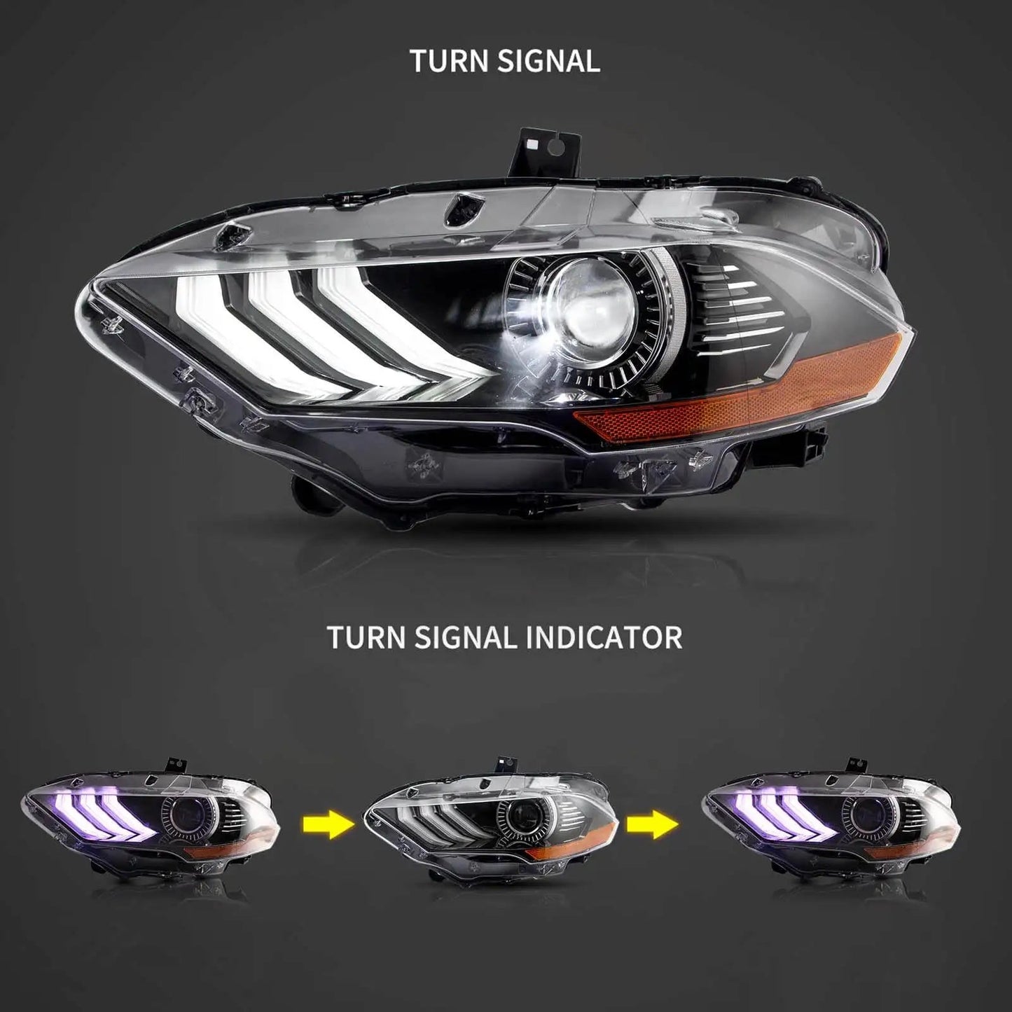 Vland 18-24 Mustang 6th Gen LED Dual Beam Projector RGB Headlights Black with DRL High Low Beam Front Headlamp Assembly sayaragear