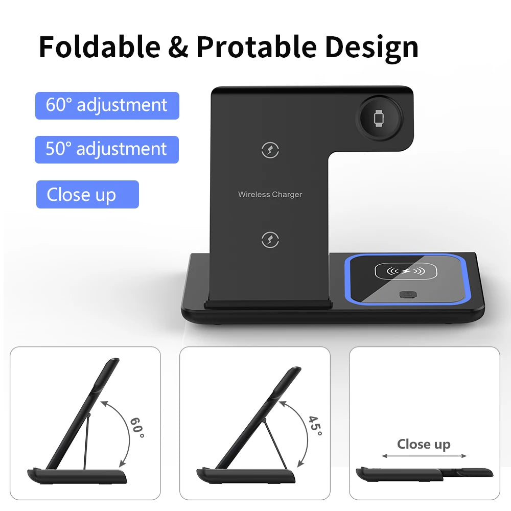 3 in 1 Wireless Charger Stand Pad Foldable Fast Charging Station Dock For iPhone 17 16 15 14 13 12 11 X 8 Apple Watch Airpods sayaragear
