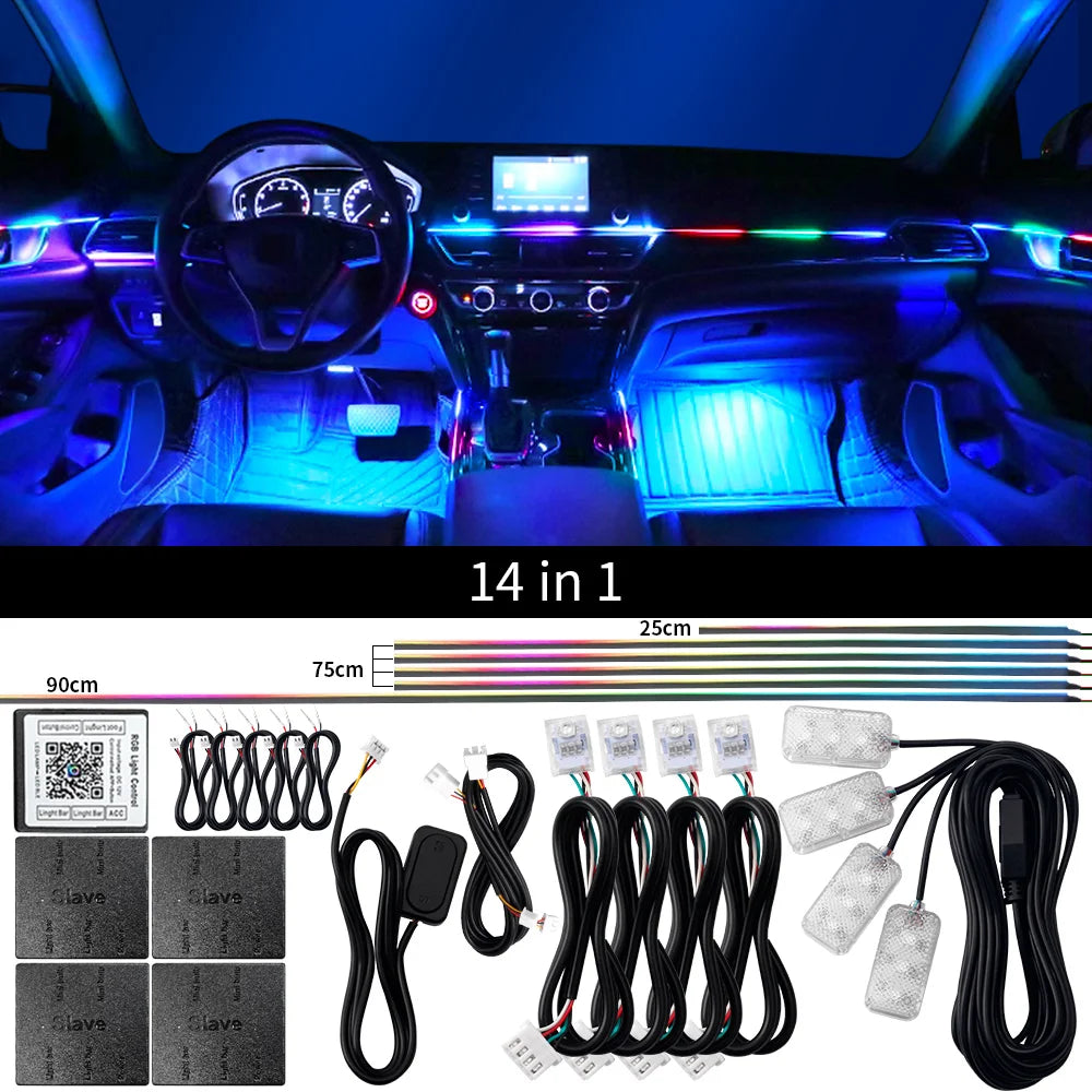 18 in 1 Dual Zone Symphony Streamer Car Ambient Light Interior LED Full Color RGB Neon Acrylic Strip Atmosphere Lighting Kit App sayaragear