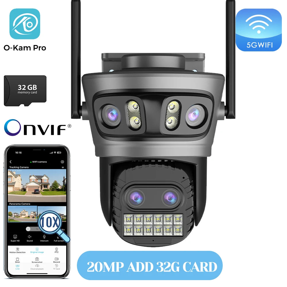 20MP Outdoors Wifi Camera 10K HD Three Lens Security 5G PTZ IP Camera 10X Digital Zoom Lens Human AI Auto Detect Tracking Camera sayaragear