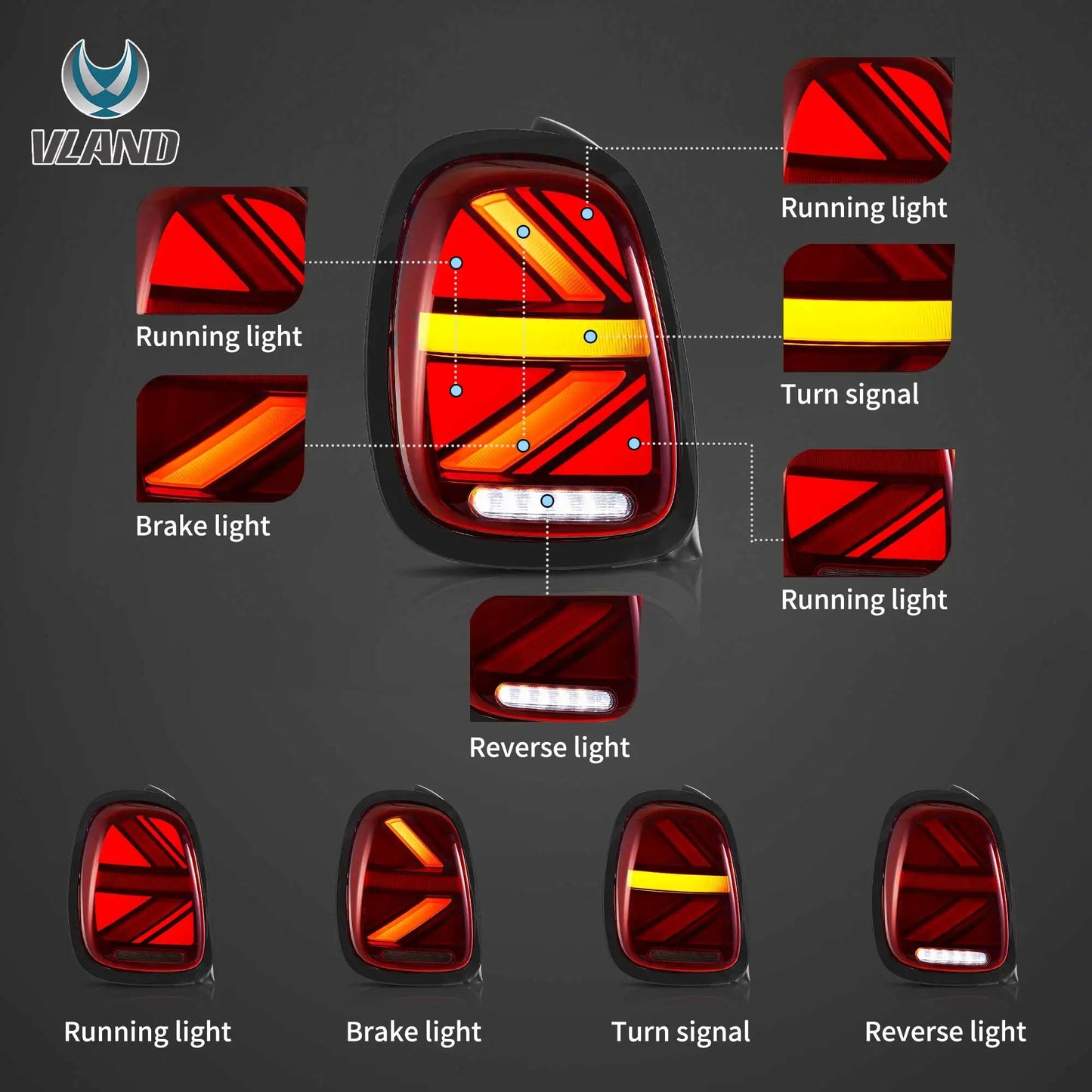 Vland 14-19 Mini Cooper F55 F56 F57 LED Tail Lights with Sequential Turn Signal Rear Lamp Assembly Upgrade sayaragear