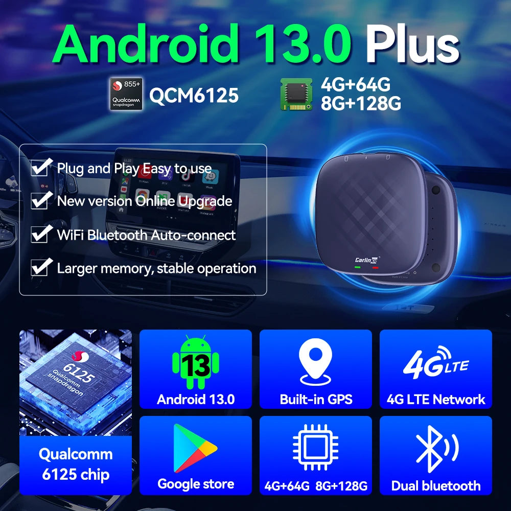 Android 13 CarlinKit Android Auto Wireless CarPlay AI TV Box QCM6125 8-Core Split Screen 64G 128G For Netflix YouTube Play Store sayaragear