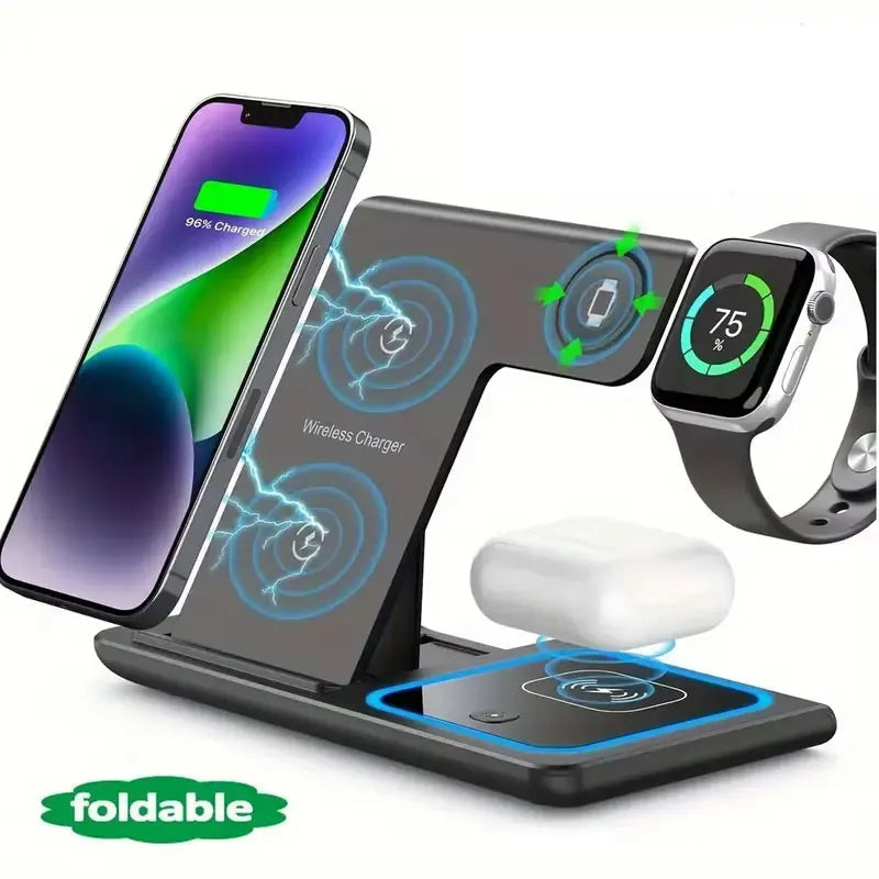 3 in 1 Wireless Charger Stand Pad Foldable Fast Charging Station Dock For iPhone 17 16 15 14 13 12 11 X 8 Apple Watch Airpods sayaragear