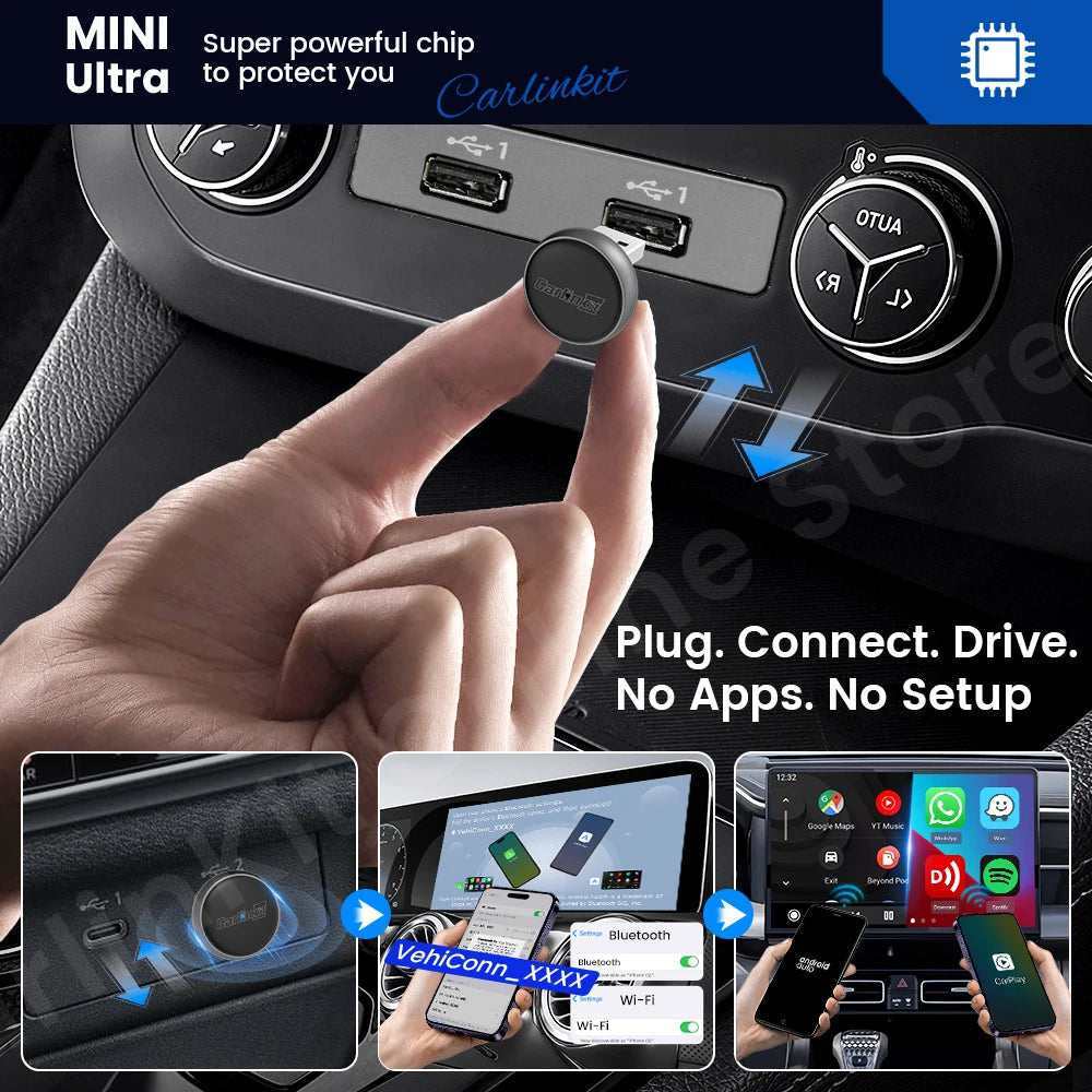 CarlinKit Mini Ultra3 CarPlay Android auto Wireless Adapter for Car infotainment Upgrade Adapter BT Wifi Connect 5.8GHz OTA sayaragear