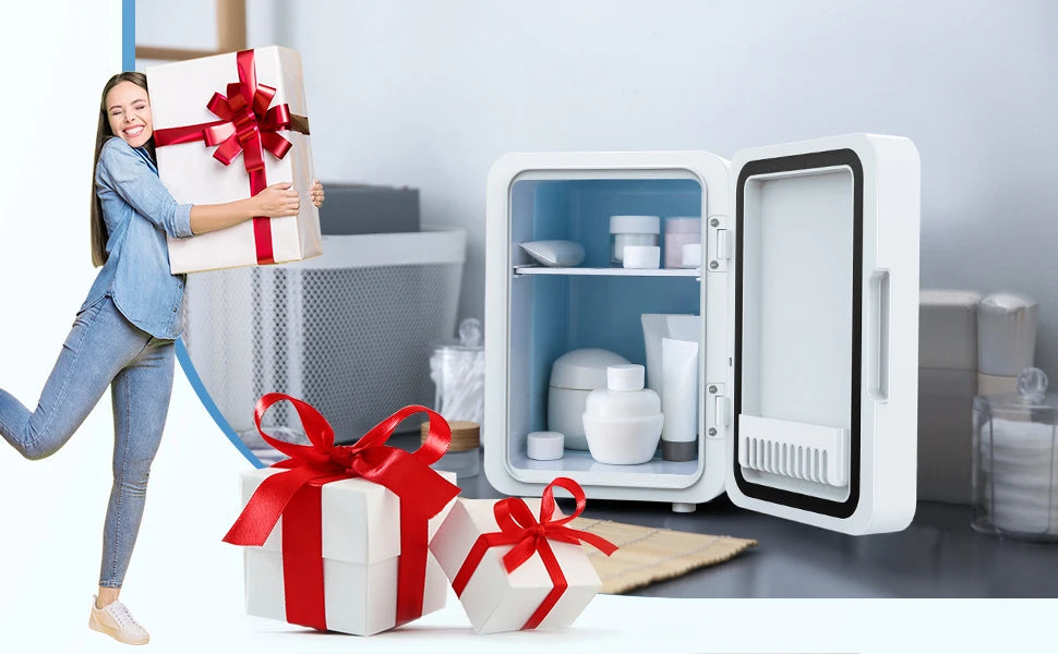 EKAQUZ Mini Fridge for Bedroom - Car, Office Desk & College Dorm Room - 12v Portable Cooler & Warmer for Food, Drinks, Skinca sayaragear