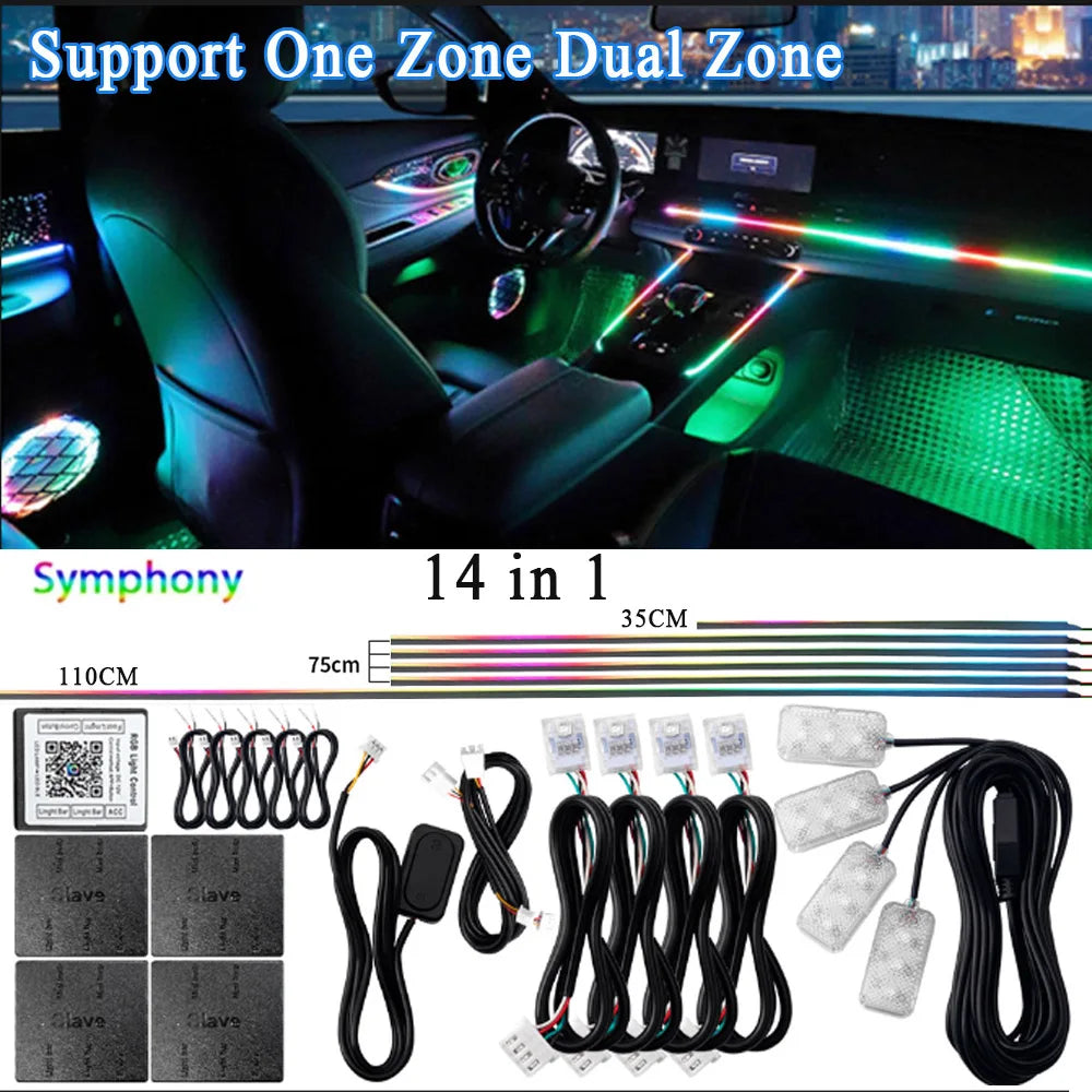 14/18 in 1 Led Acrylic Car Ambient Light RGB 64 213 Color Symphony Acrylic APP Streamer Atmosphere Lamp Kit One Zone Dual Zone sayaragear