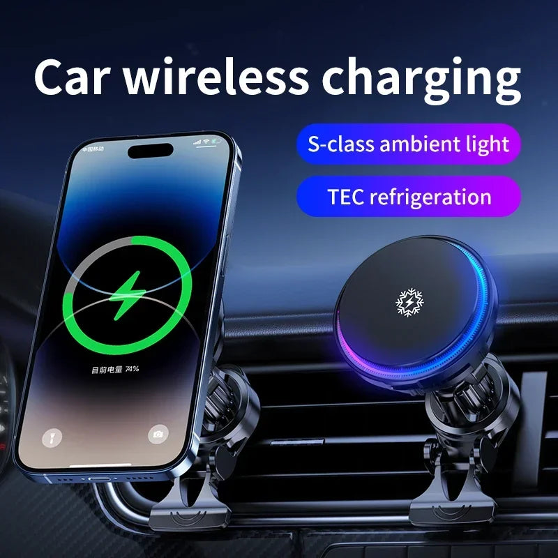 ice Cooling Magnetic Wireless Car Charger Stand for iPhone 16 15 14 13 12 Pro Max MacSafe Car Phone Holder Fast Charging Station sayaragear