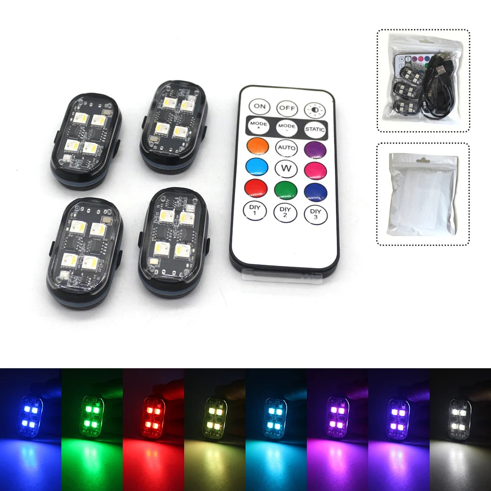2/4pcs Wireless LED Strobe Lights Car Decor Atmosphere Light, 8 Colors Rechargeable Led Lights Anti-Collision LED Warning Light sayaragear
