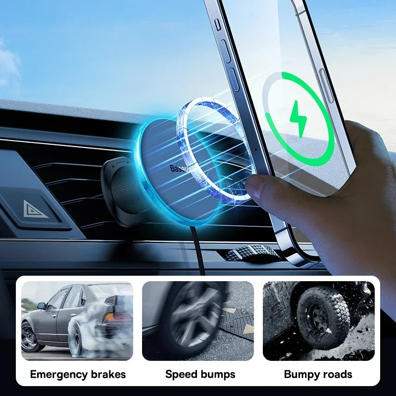 Baseus Magnetic Wireless Charger Car Phone Holder 15W Fast Charging Wireless Car Charger Holder For iPhone 16 15 14 13 Car Mount sayaragear