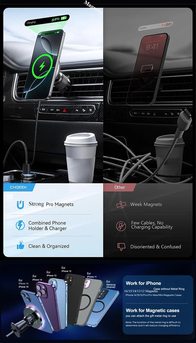 UYUXIO Strong Magnetic Wireless Car Phone Charger Adapter 15W Air Vent Car Phone Holder for iPhone 16 15 14 13 Pro Max Plus 12 sayaragear