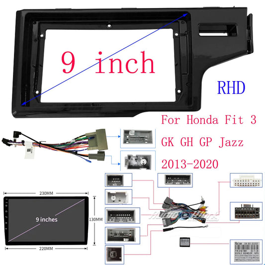 Car Radio Fascias Frame For Honda Fit 3 GK GH GP Jazz 2013-2020 RHD 9 inch 2DIN Stereo Panel Harness Wire Power Cable Canbus sayaragear