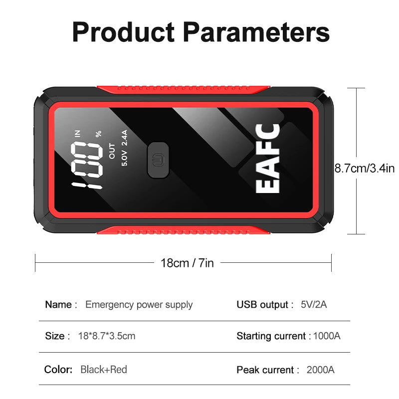 2000A Portable MultiFunction Emergency Booster Car Emergency Mobile Power Battery Charger 12V Car Jump Starter with LED Light sayaragear