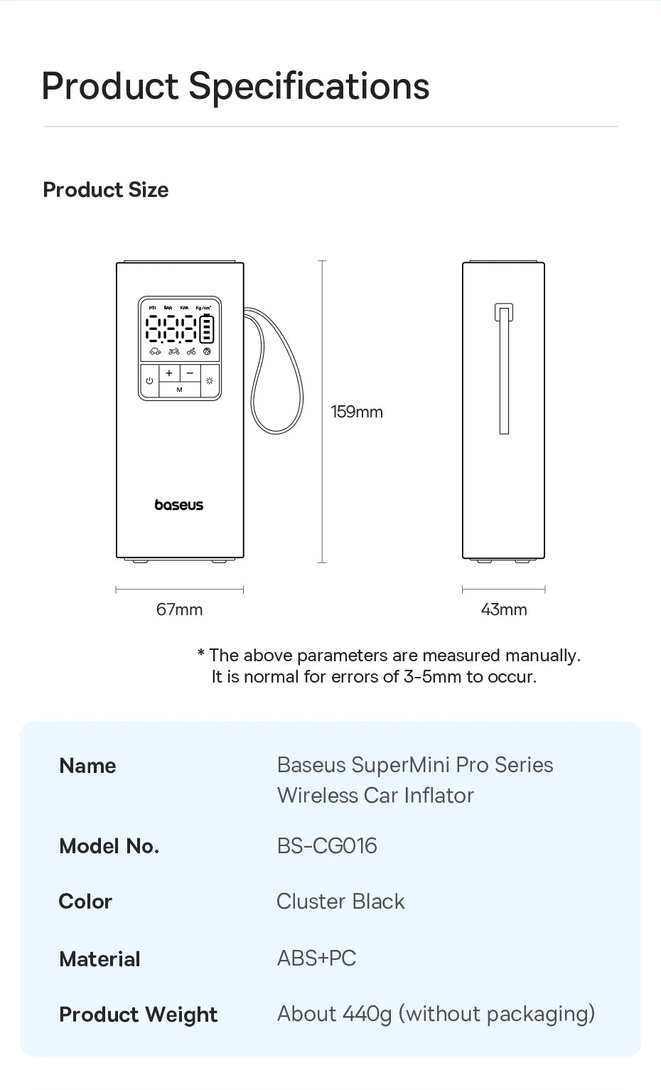 Baseus Wireless Car Air Pump Portable Air Compressor for Car Motorcycles Bicycle Electric Tire Inflator with LCD Digital Display sayaragear