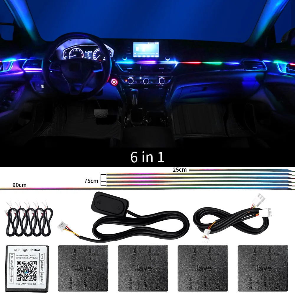 18 in 1 Dual Zone Symphony Streamer Car Ambient Light Interior LED Full Color RGB Neon Acrylic Strip Atmosphere Lighting Kit App sayaragear