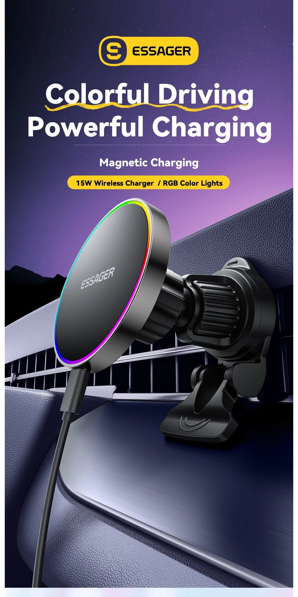 Essager 15W Magnetic Car Phone Holder Wireless Charger Stand For iPhone 16 15 14 13 Pro Max Charging for Magsafe Car Charger RGB sayaragear