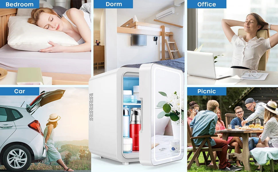 EKAQUZ Mini Fridge for Bedroom - Car, Office Desk & College Dorm Room - 12v Portable Cooler & Warmer for Food, Drinks, Skinca sayaragear