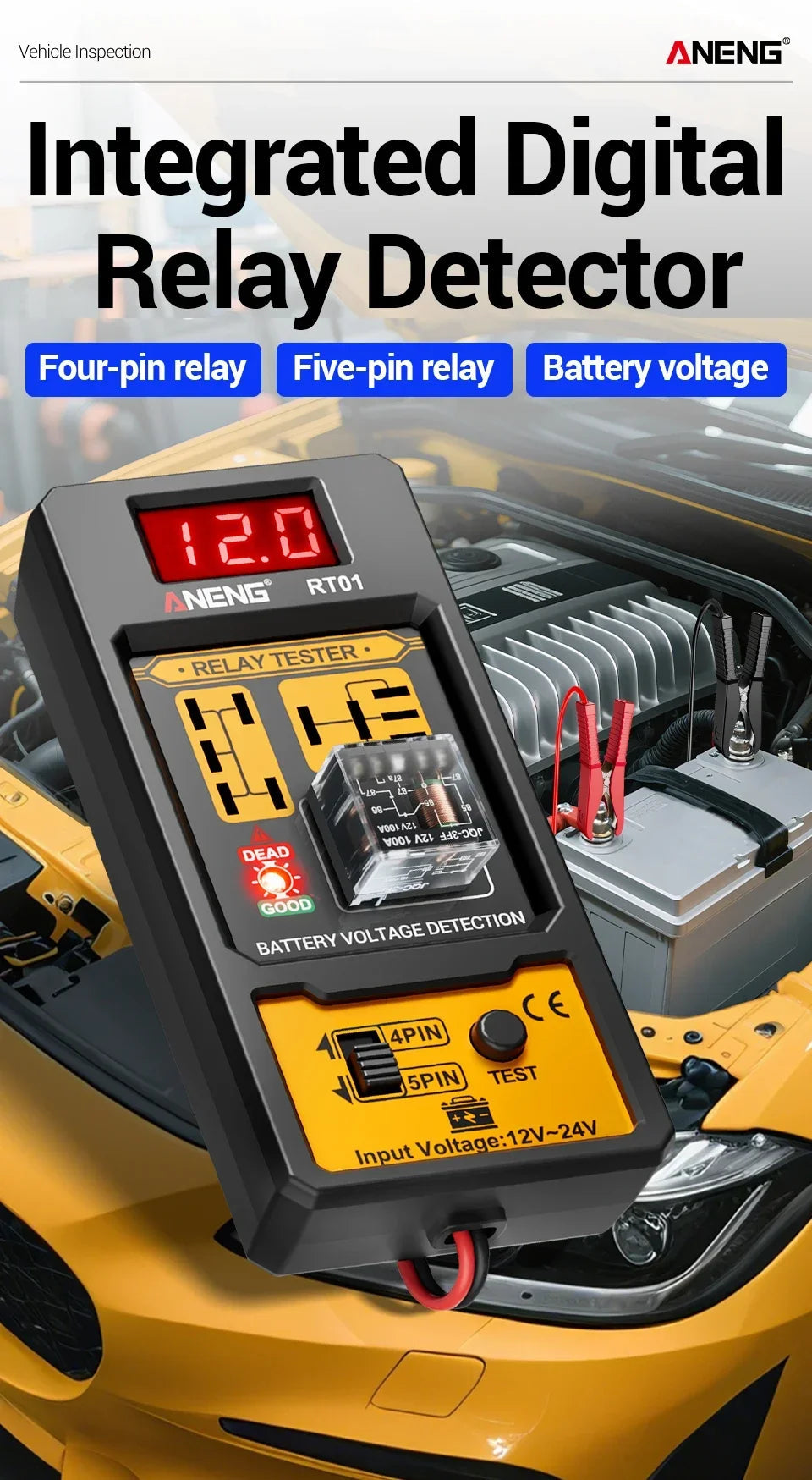 ANENG 11-25V Relay Detector RT01 Digital Universal 4/5 Pins Car Battery Vehicle Detection Digital Display Voltage Battery Tester sayaragear