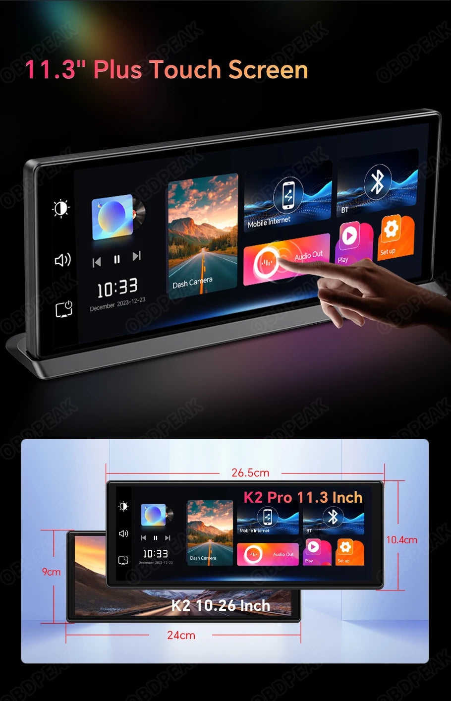 K2 Pro 11.3" Car DVR 4K Camera Wireless Carplay Android auto Ai Screen Dash Cam Dual Len Video Recorder GPS Navigation Dashboard sayaragear