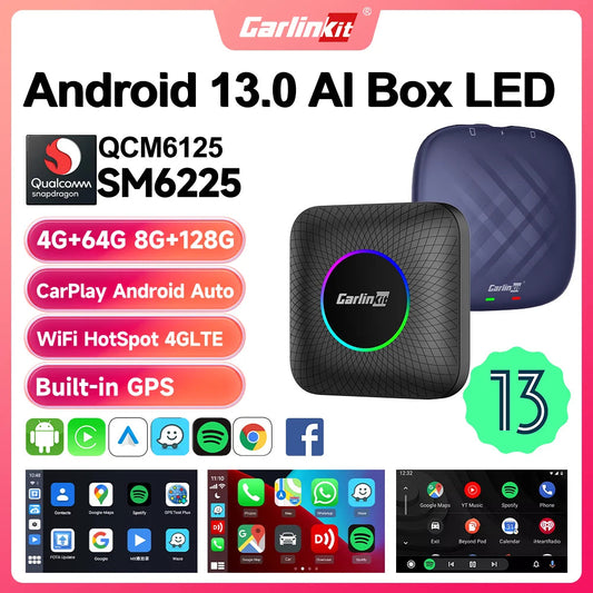 2025  CarlinKit CarPlay AI Box Android 13.0 SM6225 QCM6125 Android Auto Wireless CarPlay Adapter 2.4+5GGPS 64G 128G FOTA Upgrade sayaragear
